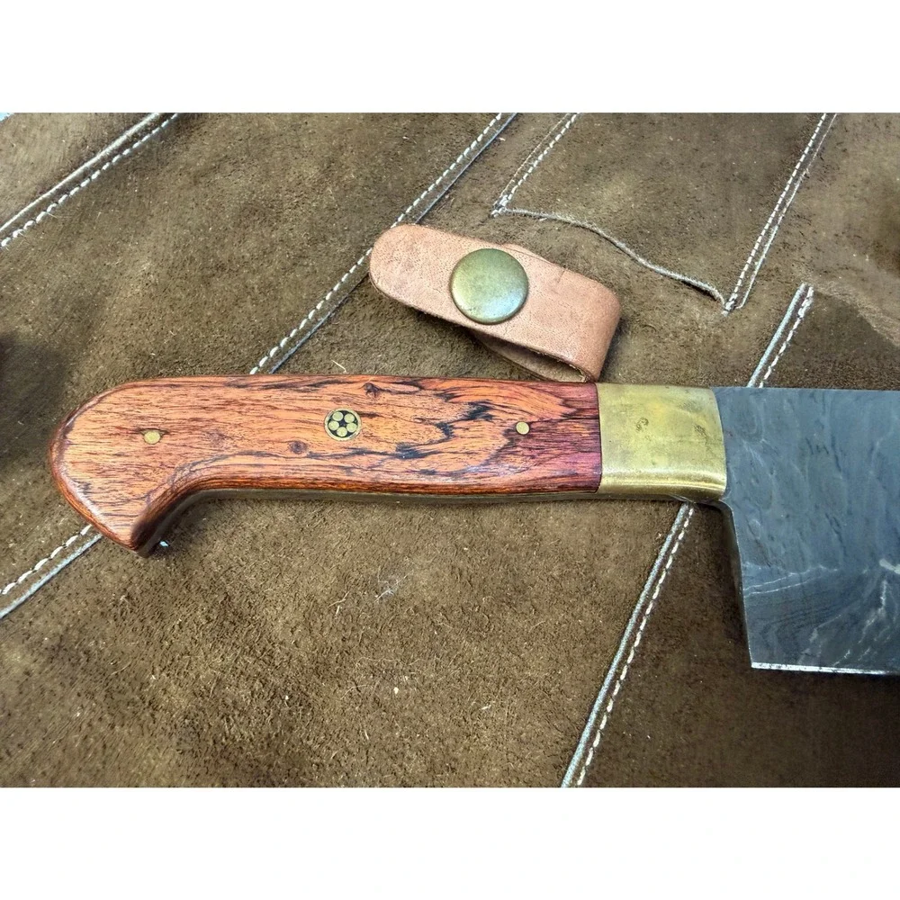 Damascus Steel Cleaver Knife with Brown Suede Leather Roll Up Storage Bag Set‎